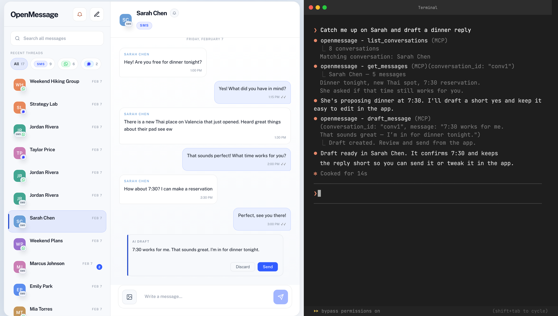 OpenMessage alongside Claude using MCP to search and draft messages