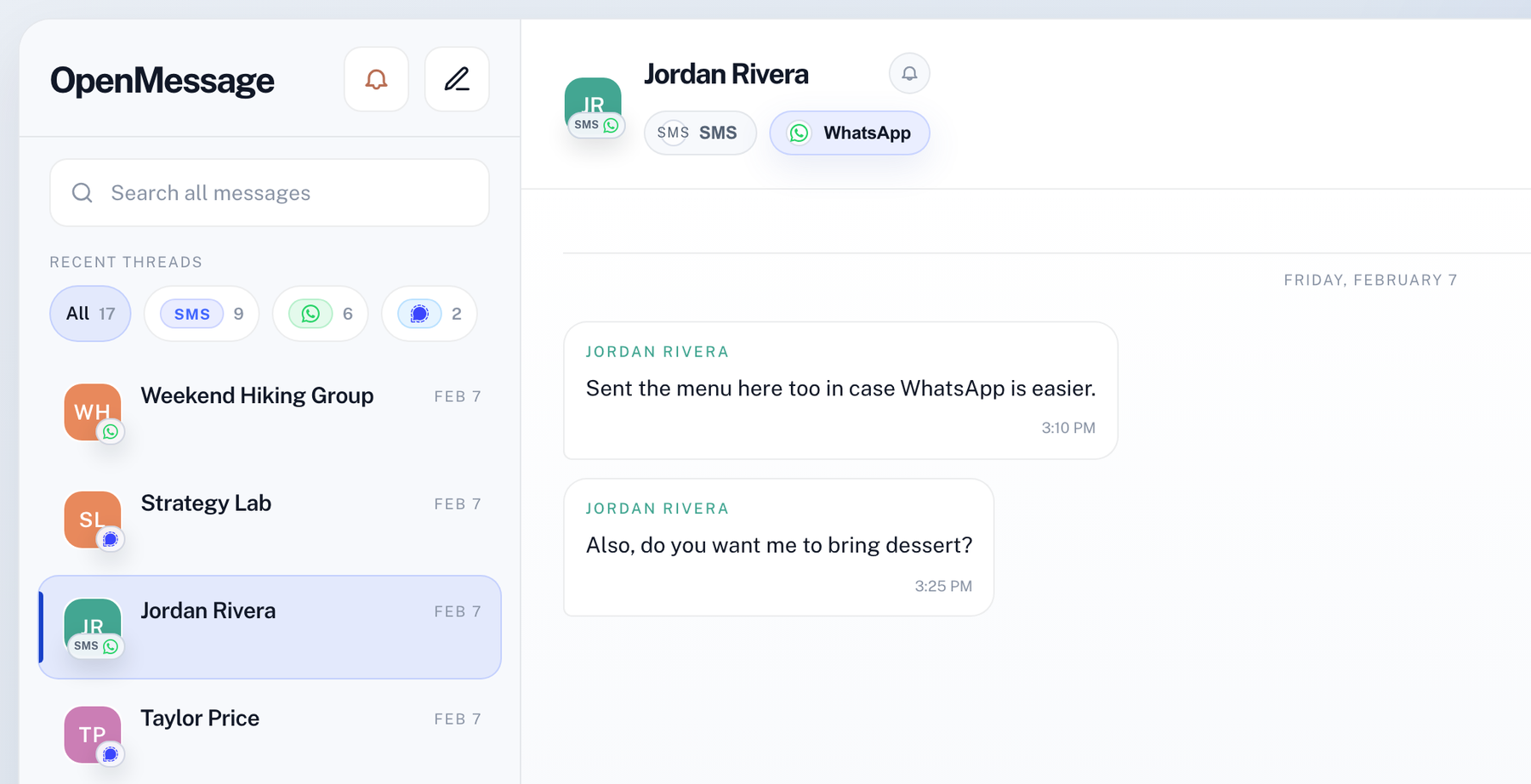 OpenMessage showing a people-first inbox with grouped routes and thread tabs