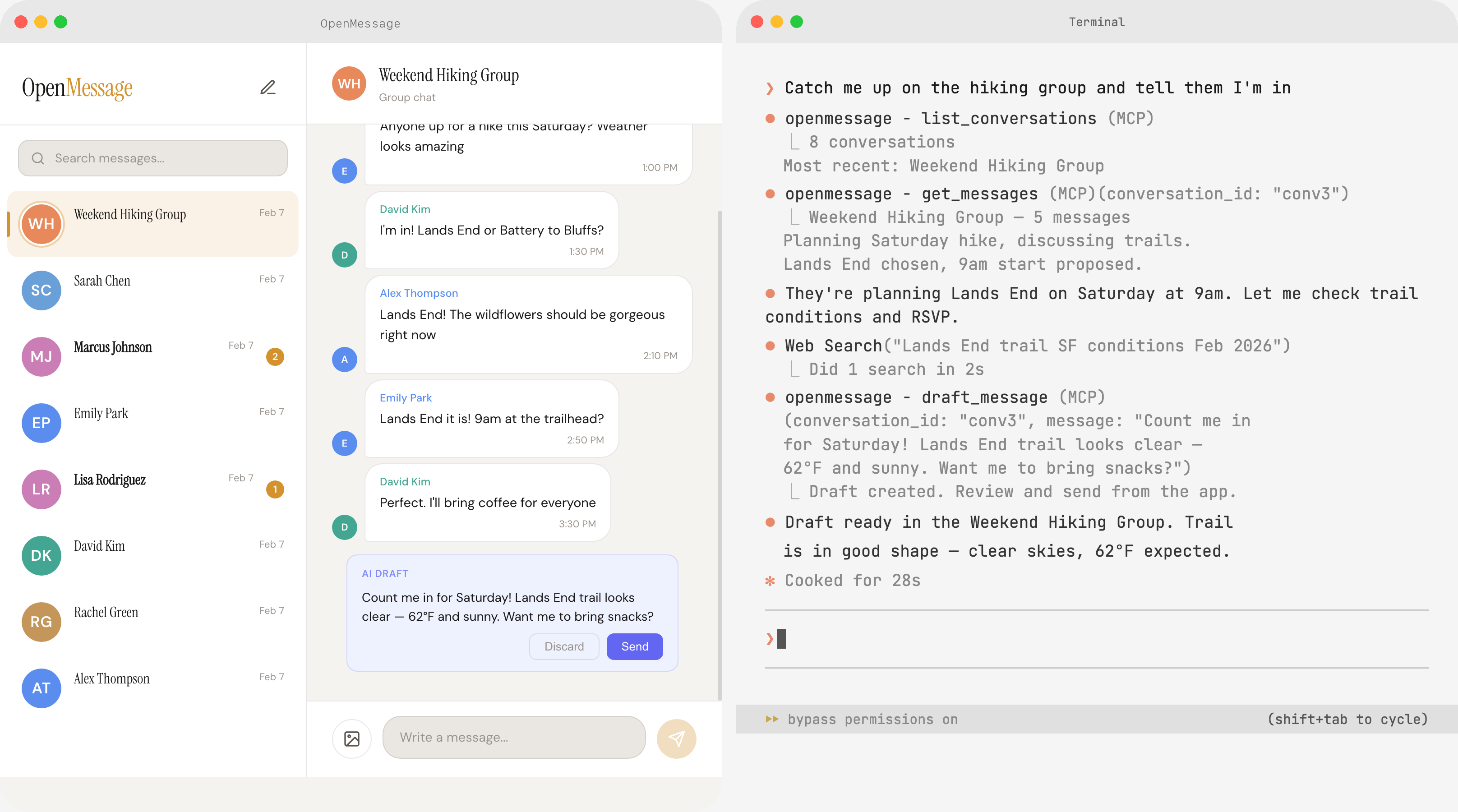 OpenMessage app on the left showing a conversation with an AI draft, and Claude Code terminal on the right drafting a reply
