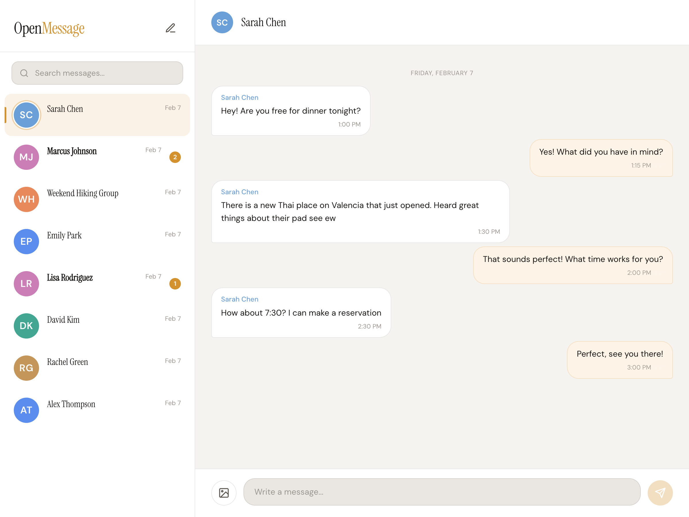 OpenMessage app showing a conversation with messages, reactions, and a sidebar of recent chats
